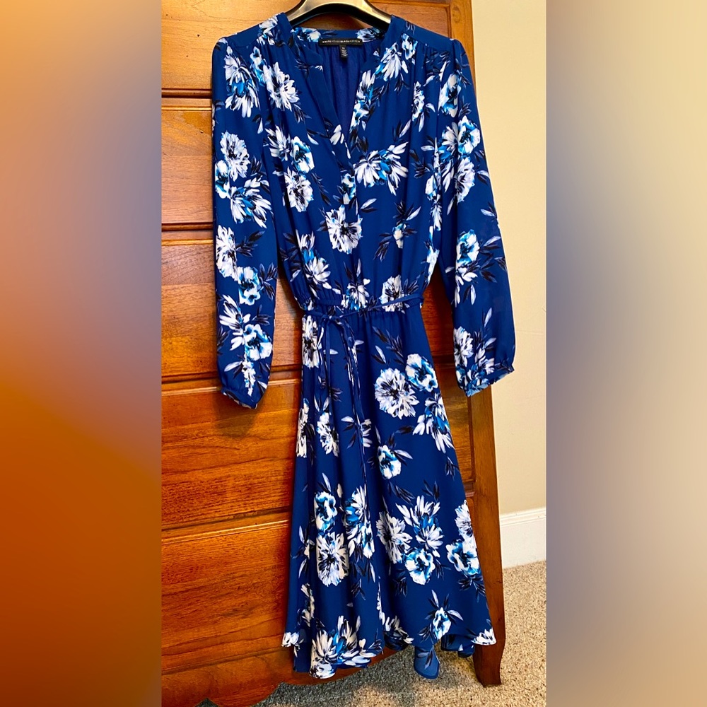 White House Black Market Navy Blue Floral Long Sleeve Wrap Dress